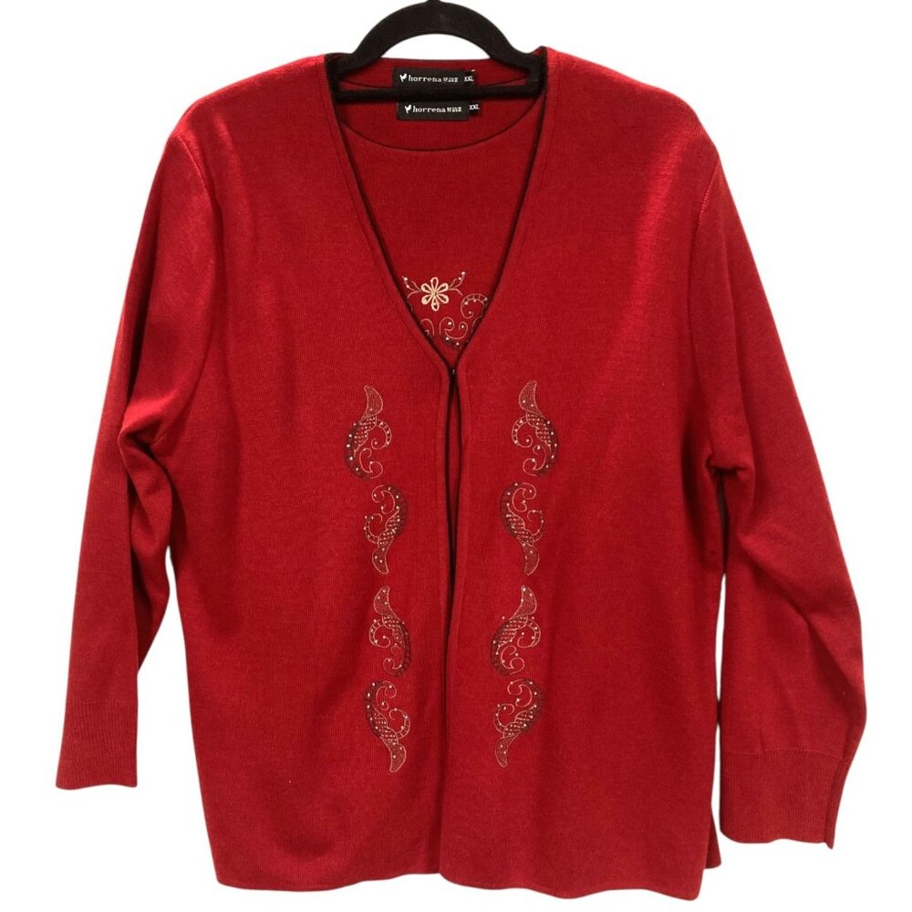 Horrena Red Knit Cardigan Sweater Set,‎ Size XXL, Embroidery Rhinestones NEW